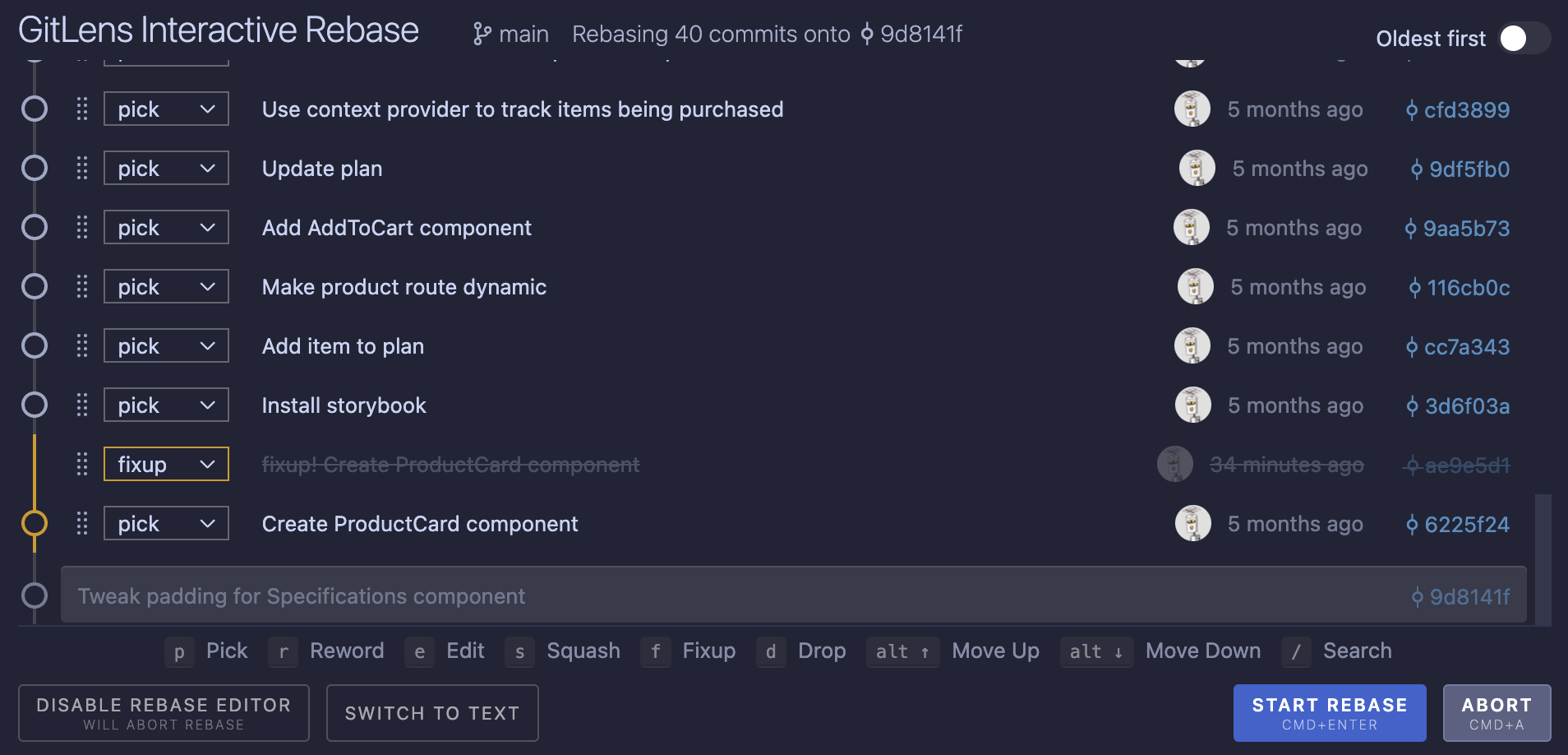 Screenshot showing Git Lens during a rebase