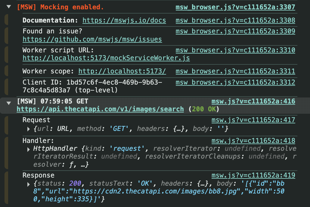 A screenshot of the browser console showing useful debug information from Mock Service Worker