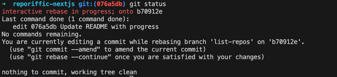 Screenshot showing the output of the git status command while in the middle of an interactive rebase