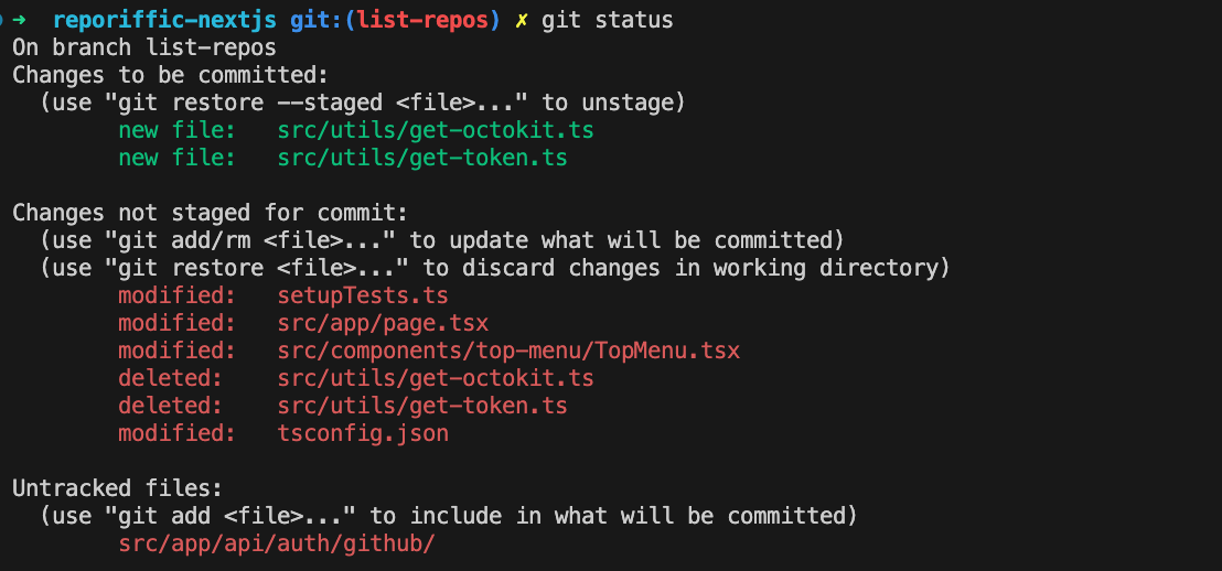 Screenshot showing the output of the git status command